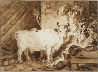 Biały byk i pies w stajni autorstwa Jean Honore Fragonard