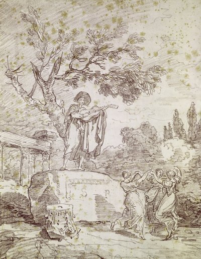 Włoski gitarzysta grający dla trzech tańczących dziewcząt (czerwona kreda na papierze) autorstwa Jean Honore Fragonard