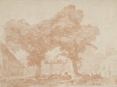 Podwórko z dwoma drzewami, pomiędzy którymi znajdują się drabiny autorstwa Jean Honore Fragonard