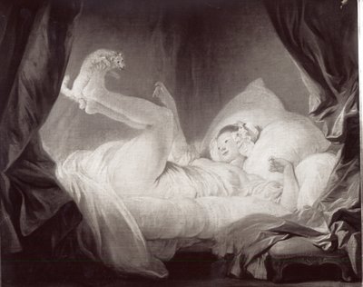 La Gimblette lub młoda dziewczyna zmuszająca psa do tańca na łóżku (olej na płótnie) (zdjęcie czarno-białe) autorstwa Jean Honore Fragonard