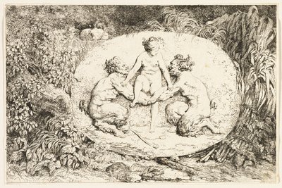 Nimfa siedząca na rękach dwóch satyrów z Bachanaliów, czyli zabaw satyrów autorstwa Jean Honore Fragonard