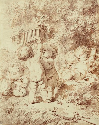 Sześciu Putti w zabawie, dwóch trzyma klatkę, autorstwa Jean Honore Fragonard