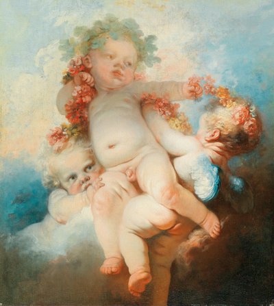 Trzy putta ozdobione kwiatami. autorstwa Jean Honore Fragonard
