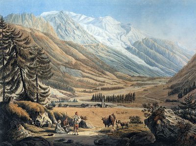 widok na dolinę Chamonix z wioski Argentiere autorstwa Jeana Daniela Hubera podczas podróży ok. 1785 r. (rycina) autorstwa Jean Huber