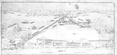 Widok bitwy w pobliżu plantacji Chalmettes, 8 stycznia 1815 r. autorstwa Jean Hyacinthe Laclotte