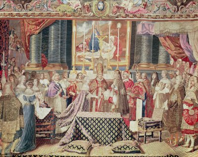 Wesele króla (Ludwik XIV), z „Historii króla” z kreskówki Lebruna, gobelin gobelin, tkany na krośnie o wysokiej osnowie (wełna, jedwab i złoto) autorstwa Jean II Jans