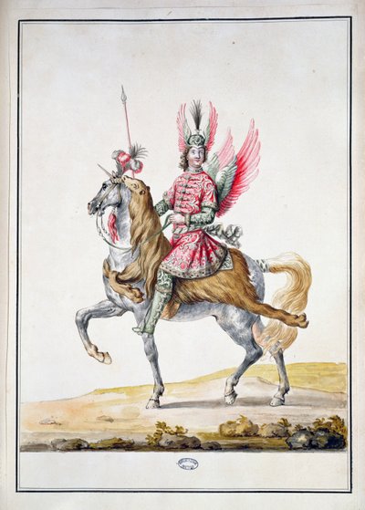 „Jeździec ze skrzydłami”, projekt kostiumu do „Le Carrousel des Galants Maures”, 1686 autorstwa Jean I Berain