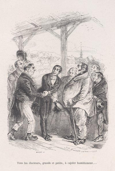 Wszyscy wyborcy, duzi i mali, zbierają się, aby pokornie namawiać się nawzajem... z Małej Miseries z..., 1843. autorstwa Jean Ignace Isidore Gérard