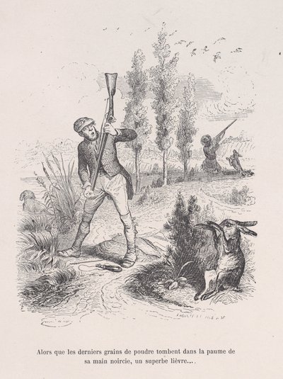 Gdy ostatnie ziarenka proszku wpadają w jego poczerniałą dłoń, wspaniały zając... fr..., 1843. autorstwa Jean Ignace Isidore Gérard