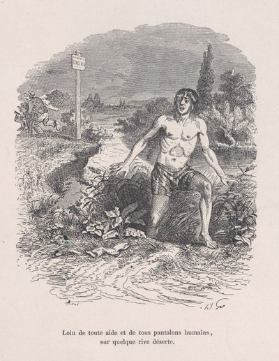 Z dala od wszelkiej pomocy i bez majtek, na jakimś opustoszałym brzegu od Małej Miseries H..., 1843. autorstwa Jean Ignace Isidore Gérard