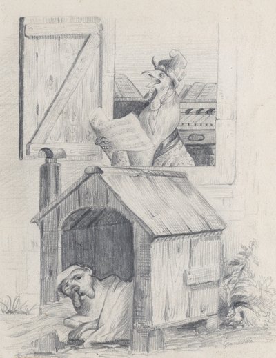 Pies w budy, śpiew koguta przy oknie, ok. godz. 1842. autorstwa Jean Ignace Isidore Gérard