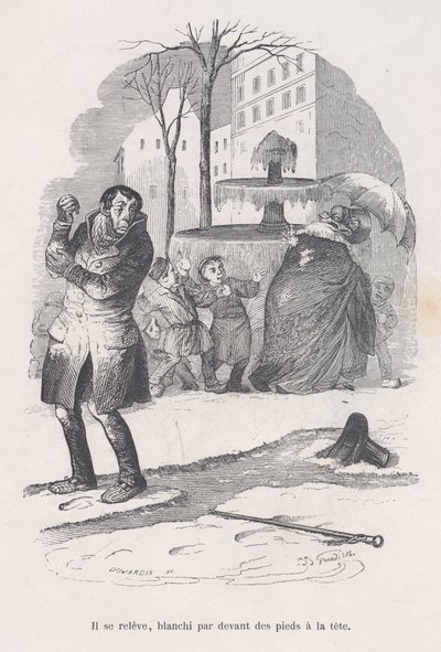 Wstaje, od stóp do głów pokryty śniegiem. z Małej niedoli ludzkiego życia, 1843. autorstwa Jean Ignace Isidore Gérard
