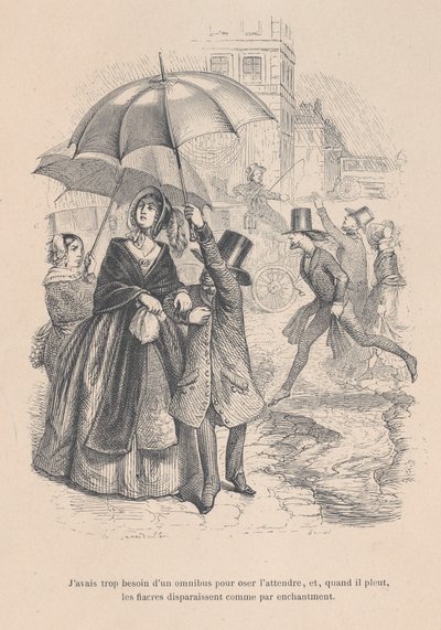 Za bardzo potrzebowałem omnibusa, ale jak tylko zaczyna padać, wszyscy zdają się d..., 1843. autorstwa Jean Ignace Isidore Gérard