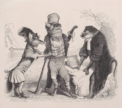 Wilk błagający Lisa przed Małpą, ca. 1838. autorstwa Jean Ignace Isidore Gérard