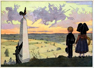Moja wieś, ci, którzy nie zapominają: Pole bitwy (Pomnik Geisberga z dwojgiem dzieci Spinner pozujących dla Hansiego); autorstwa Jean Jacques (1873 1951) Waltz