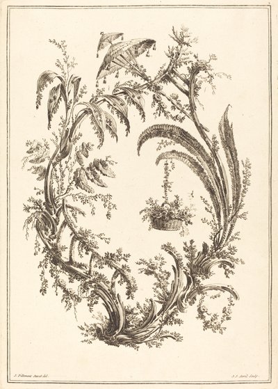 Ozdoba z parasolem i wiszącym koszem autorstwa Jean Jacques Avril I after Jean Baptiste Pillement