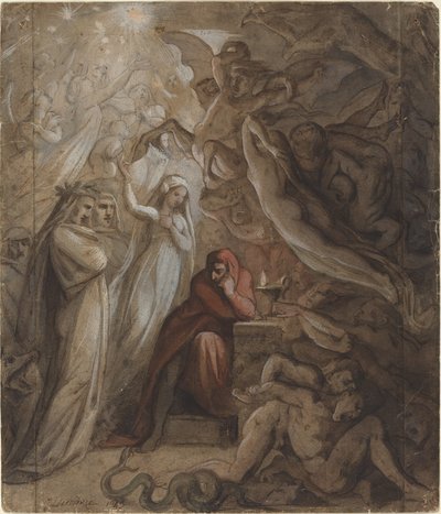 Dante medytuje nad „Boską komedią” autorstwa Jean Jacques Feuchere