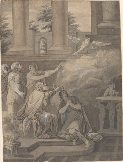 Pallas Atena w postaci ptaka opuszczającego Nestora i Telemacha autorstwa Jean Jacques François Le Barbier I
