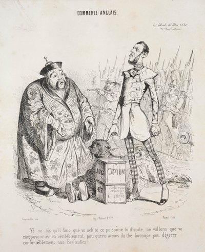 Handel angielski. Tak, mówisz, że musisz od razu kupić tę truciznę, naprawdę chcemy, żebyście się zatruli, abyśmy mogli napić się herbaty, żeby wygodnie strawić nasze befsztyki! autorstwa Jean Jacques Grandville
