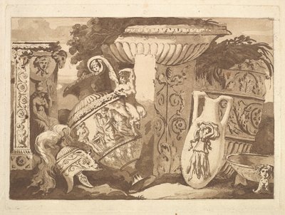 Kompozycja z fragmentami antycznymi i pochyloną wazą z Recueil de Compositions..., 1782-84. autorstwa Jean Jacques Lagrenee