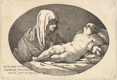 Dziewica po lewej patrząca na śpiącego niemowlęcia Chrystusa, kompozycja owalna, po..., 1760-63. autorstwa Jean Jacques Lagrenee