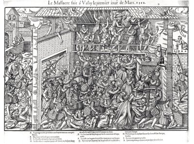 Masakra ludności protestanckiej przez wojska księcia de Guise w Wassy-sur-Blaise, 1 marca 1562 r., ryty Jacques Tortorel (1568-92) autorstwa Jean Jacques Perrissin