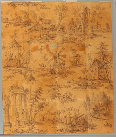 Karykatura do druku na bawełnie: „Grób Jean-Jacques Rousseau w Ermenonville”. autorstwa Jean Jacques Rousseau