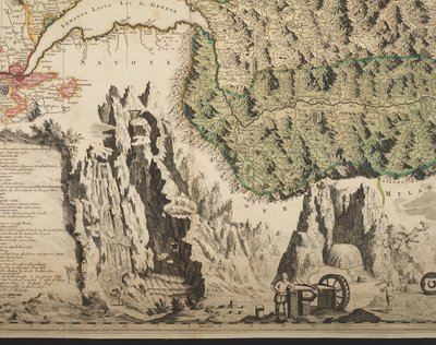 Nowa mapa geograficzna Szwajcarii z najsłynniejszymi i najpotężniejszymi kantonami i sprawami publicznymi zreformowanej religii Tigurina, Berno, Glarus, Bazylea, Scafusiana, Abbot Cellana, detal, ok. 1712 (odbitka ręcznie kolorowana) autorstwa Jean Jacques Scheuchzer