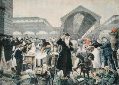 Stoisko z zupą na targu Les Halles rano, ilustracja z Le Petit Journal, 2 marca 1897, grawerowana przez Fortune-Louis Meaulle (1844-1901) autorstwa Jean Jacques after Rousseau