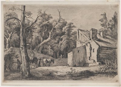 Wejście do lasu Brie z domkiem po prawej stronie, 1772. autorstwa Jean Jacques de Boissieu