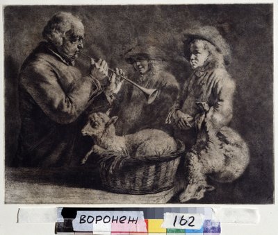 "Oboista" (oboista) Muzyk grający na oboju przed dwoma pasterzami. Drzeworyt: Jean Jacques de Boissieu (1736-1810) 1772 Iwan Kramskoj (lub Kramskoi) Muzeum Sztuk Pięknych w Woroneżu (Woroneż), Rosja. autorstwa Jean Jacques de Boissieu