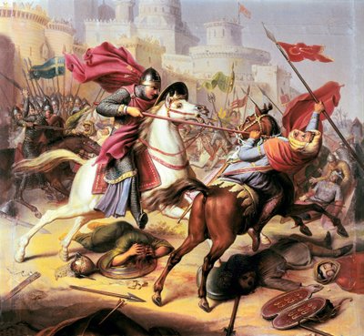 pierwsza krucjata: ""Robert II książę Normandii zwany Robert Courthouse walczący z muzułmańskim żołnierzem podczas oblężenia Antioche w latach 1098 - 1838 autorstwa Jean Joseph Dassy