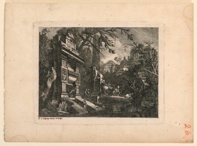 Fantazja architektoniczna z grobowcem i ruinami, płyta z "Giovan Inventione Ruins. Loren, Legeay Architet. Wyrzeźbiony przez siebie w Luce 1768" autorstwa Jean Laurent Legeay