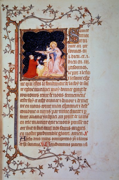 Książę Jan I z Berry (1340-1416) przed miniaturą Trójcy Świętej zaczerpnięty z rękopisu (ms. lat. 18014) „Godzinki Jana z Berry”” zin. przez Jana Czarnego, ok. 1375. Paryż, B.N. autorstwa Jean Le and workshop (attr. to) Noir