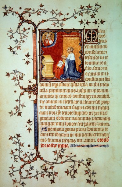 Książę Jan I z Berry (1340-1416) modlił się przed Bogiem, który pobłogosławił go Miniatura z rękopisu (ms. lat. 18014) „Godzinki Jana z Berry”” zin. Jana Czarnego, ok. 1375 r. Paryż, B.N. autorstwa Jean Le and workshop (attr. to) Noir