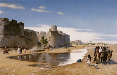 Arabska karawana poza ufortyfikowanym miastem, ok. 1895 r. autorstwa Jean Leon Gerome