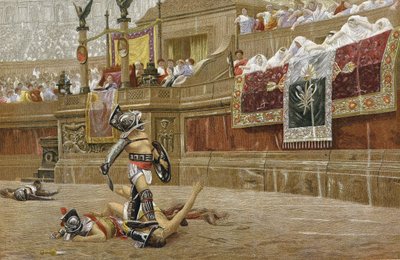 Gladiatorzy na rzymskiej arenie: widzowie pokazują "kciuk w dół", sygnalizując zwycięzcy, by nie oszczędzał przeciwnika. Chromolitografia według obrazu JL Gerome