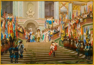 Przyjęcie Ludwika 2 de Bourbon Conde powiedziało Wielki Conde przez króla Ludwika 14 a Wersal w 1674 r. autorstwa Jean Leon Gerome