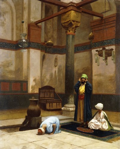 Trzy osoby modlące się w meczecie na rogu; Trzy postacie modlące się w rogu meczetu, autorstwa Jean Leon Gerome
