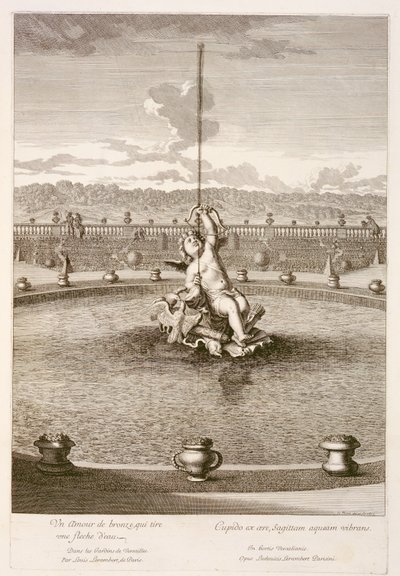 Fontanna z kupidynem wystrzeliwującym strzałę z strumienia wody, zaprojektowana przez Louisa Leramberta w Wersalu, 1677 autorstwa Jean Lepautre