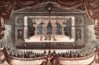 „Le malade imaginaire” (Imaginary Invalid) – Jean Baptiste Poquelin dit Moliere w Wersalu (kolorowy grawerunek) autorstwa Jean Lepautre