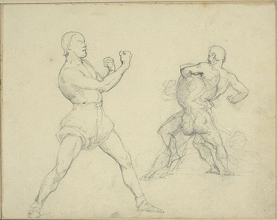 Bokser zwrócony w prawo i dwóch siłujących się mężczyzn autorstwa Jean Louis André Théodore Géricault