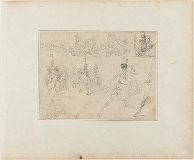 Arkusz szkiców: Bitwy kawaleryjskie i żołnierze konni autorstwa Jean Louis André Théodore Géricault