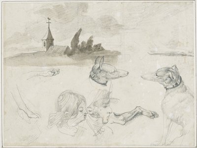 Arkusz szkiców: Greyhoundy; Głowa mężczyzny i kobiety w autorstwa Jean Louis André Théodore Géricault