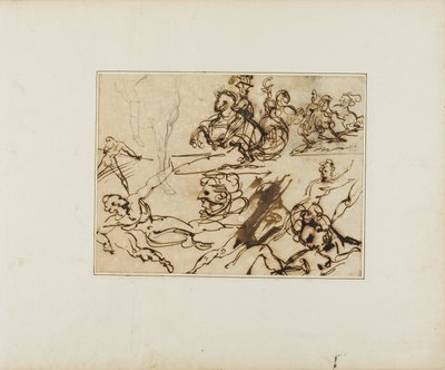 Arkusz szkiców: Ułani, zmagające się akty, inne tematy autorstwa Jean Louis André Théodore Géricault