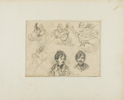 Arkusz szkiców: Jeźdźcy, Syreny i dwa portrety młodych mężczyzn autorstwa Jean Louis André Théodore Géricault
