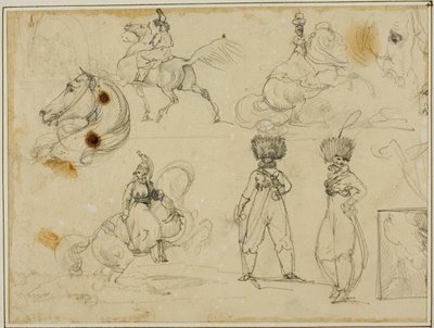 Arkusz szkiców: Żołnierze, konie i krajobraz autorstwa Jean Louis André Théodore Géricault