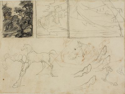 Arkusz szkiców: trzy krajobrazy, konie i kopyta autorstwa Jean Louis André Théodore Géricault