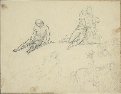 Szkice: Leżący akt, Mężczyzna podtrzymujący ciało autorstwa Jean Louis André Théodore Géricault