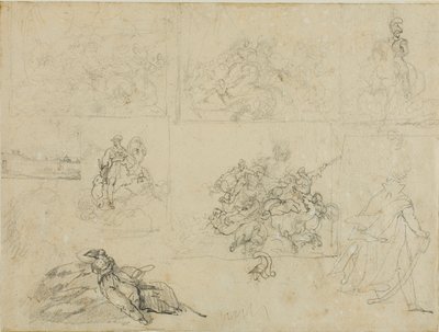 Szkice bitwy kawalerii, żołnierzy i krajobrazu autorstwa Jean Louis André Théodore Géricault